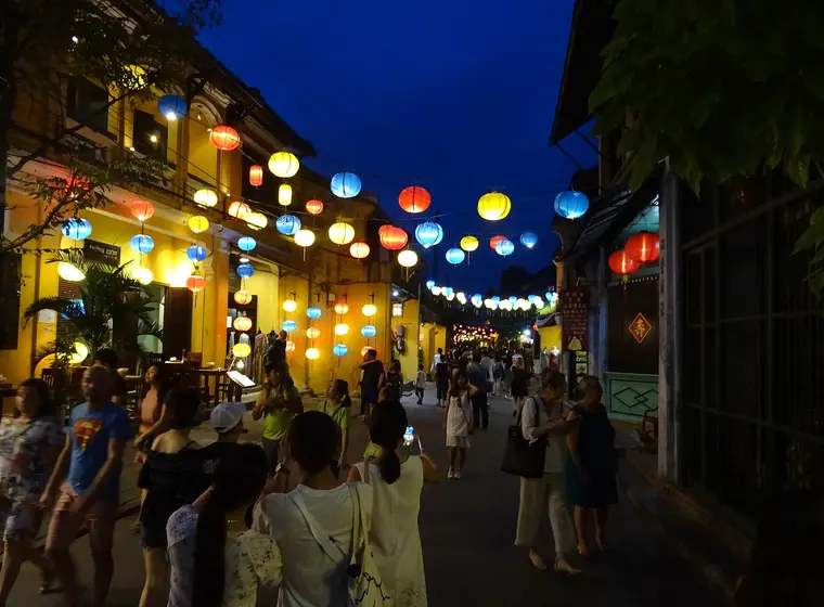 Silk lanterns glowing at night in Hoi An old town