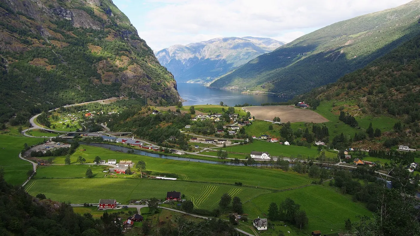 The village of Flåm at the head of the Aurlandsfjord, seen from above