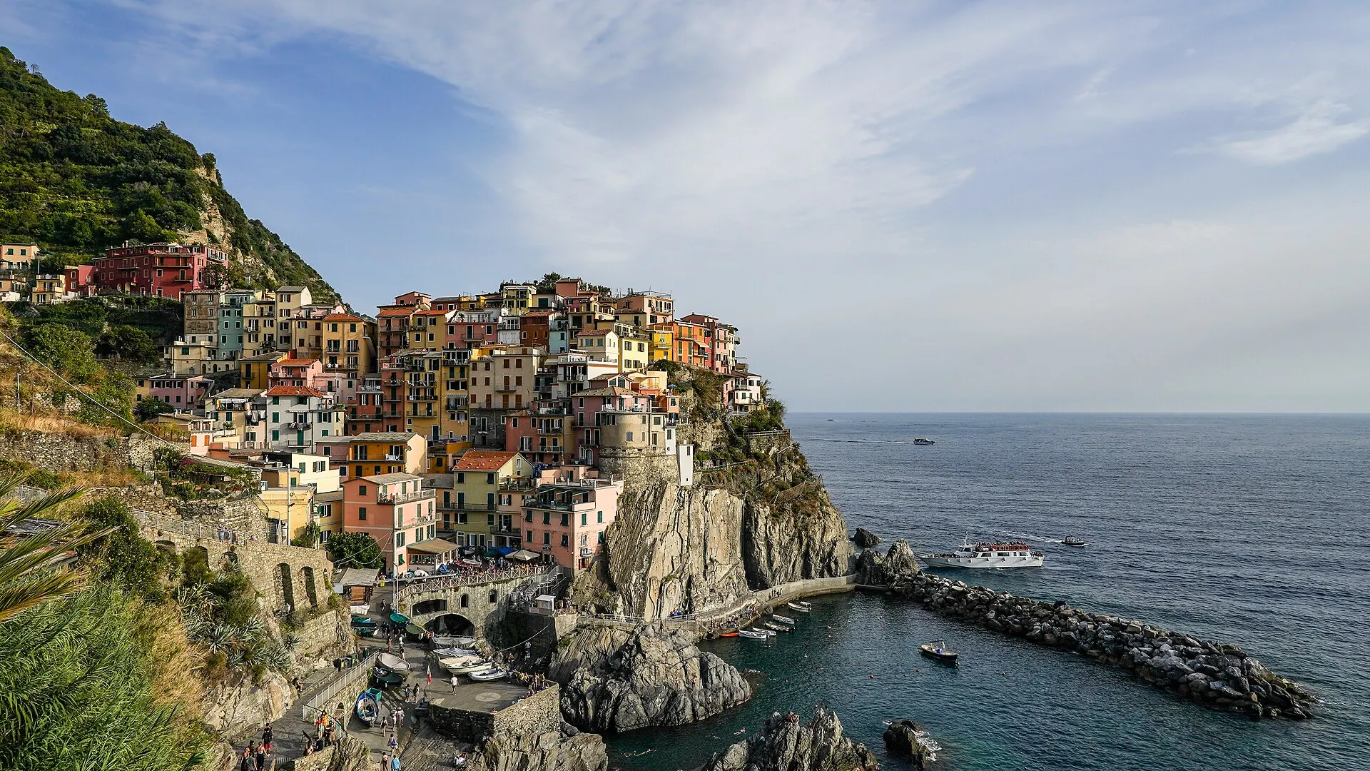 The cliffside village of Manarola in the Cinque Terre, Italy, above the Ligurian Sea